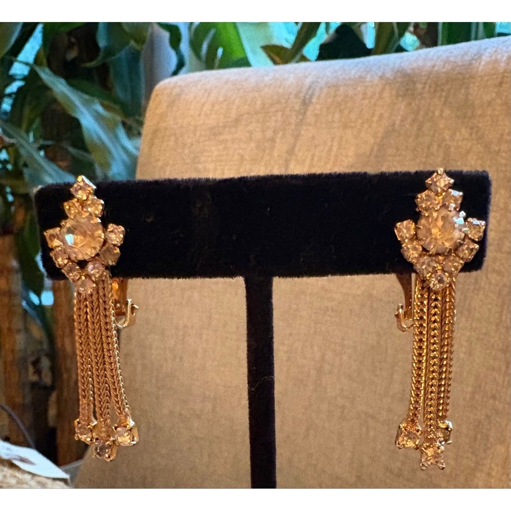 Vintage 1950s Gold Tone Rhinestone Tassel Clip On Earrings Mid Century Glam